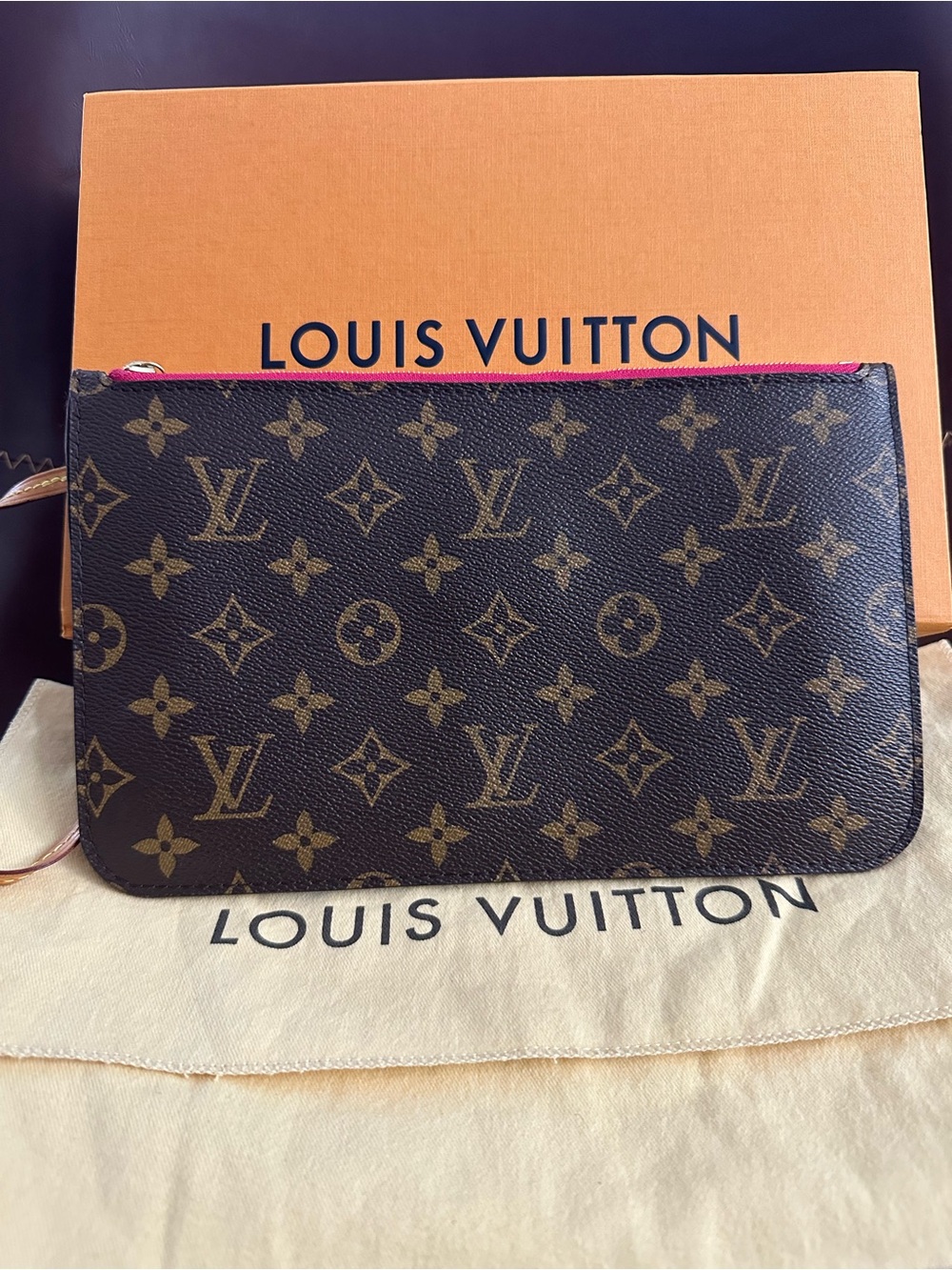 Louis Vuitton Monogram Canvas Neverfull Wristlet with Pink Trim